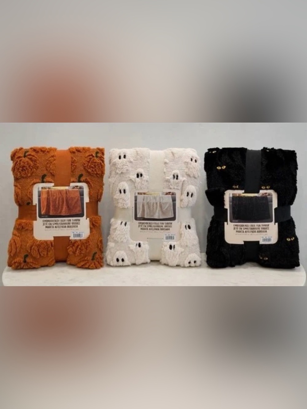 Costco Ghost 👻 Cat 🐈‍⬛ Pumpkin 🎃 Embroidered Halloween Faux Fur Throw - SET OF 3